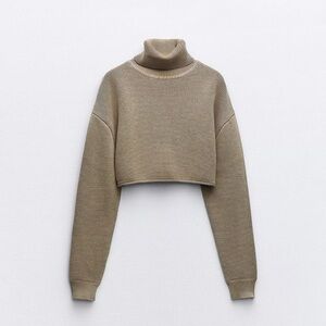 ZARA NWT Acid Wash Crop Knit Women's Brown Turtleneck Sweater Size L
